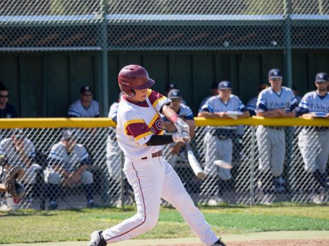De Anza infielder Alex Roque (22) hits a pitch in the Dons' 9-1 loss to the West Valley College Vikings Thursday, April 28.