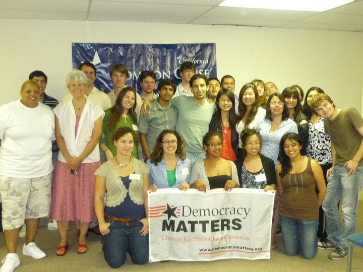 The California Democracy Matters team at the Democracy Matters Los Angeles conference on August 2010.  The new club at De Anza College plans on organizing political action on matters like the Clean Money Act campaign and fundraising for campus scholarships.