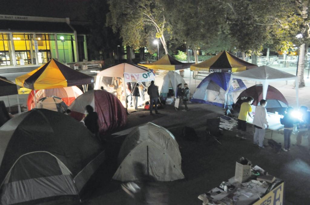 Night falls on Tent City Wednesday as students make last minute preparations for the coming Day of Action.