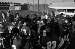De Anza's assistant coach Chris Fitzpatrick talks to the team following their game Oct. 1