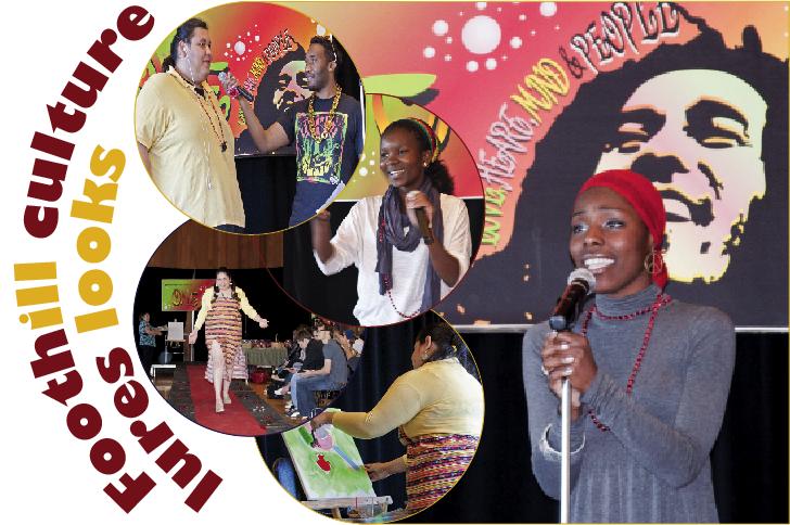 TOP LEFT - Mitchell Allen is brought on stage to receive accolades from MC Colin Madondo for being one of two top talent show contestants. TOP RIGHT - Thabie Shabalala, a lead coordinator, gives her input on what HIV and AIDS means through a powerful song. BOTTOM LEFT - The fashion show proceeds with dental hygenist Jessica Flamate showcasing a traditional summer dress. BOTTOM RIGHT -Jessica Flamate displays “perseverance” through an artistic rendition of a curable strain of HIV. BACKGROUND - Mu