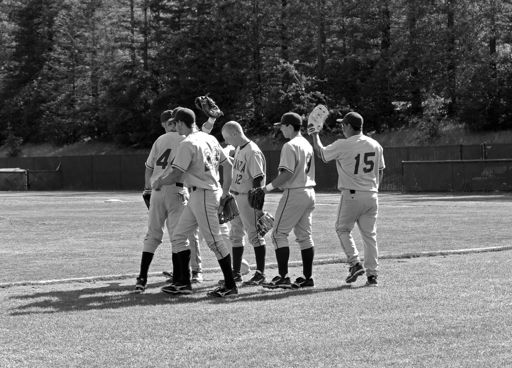 CELEBRATION - After finishing an inning strong, the Dons come together to congradulate each other in De Anza College’s 5-4 win over West Valley College, Thursday, April 28, 2011.