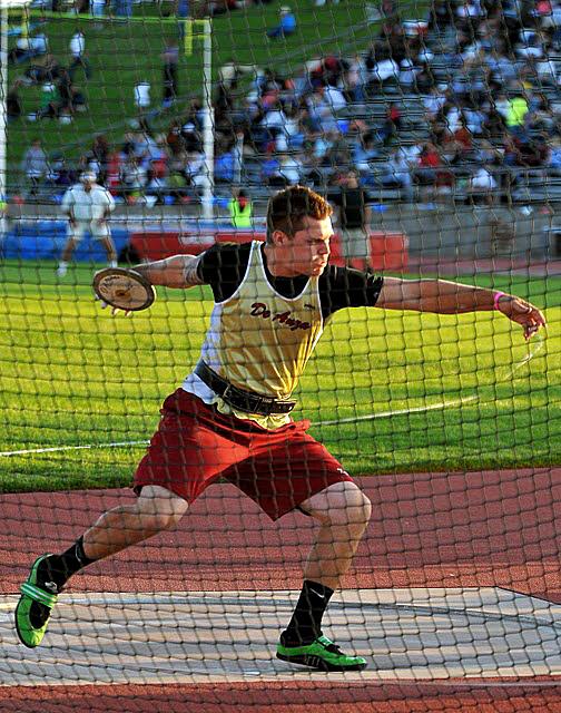 COMPETITION TIME - De Anza scholar athlete Derek White preparing to throw the discus during competition. White’s throw, of just under 172 feet, held up for him to win the state title in the event, and to become only the third male in De Anza history to win the honor.