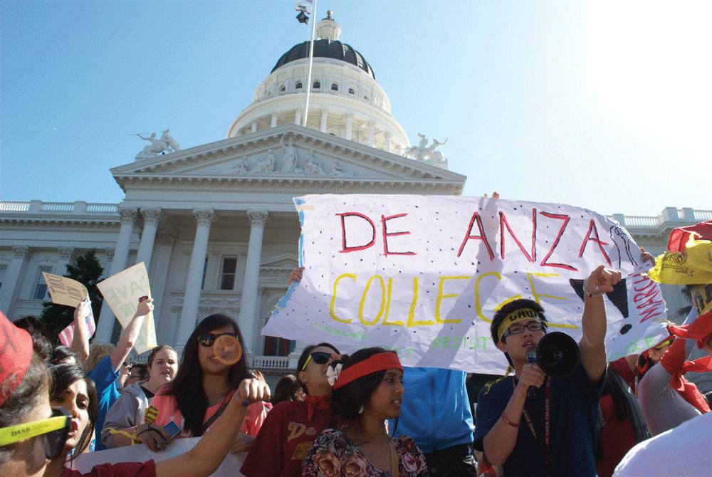 NO CUTS, NO FEES, EDUCATION SHOULD BE FREE - DASB senator Kenny Perng (far right) and other De Anza College students stand before the state Capitol March 5. Students from UC and CSU systems joined community college students during the annual March in March protest. Student leaders and politicians, including Assembly Speaker John Perez and Lt. Gov. Gavin Newsom, addressed the crowd.