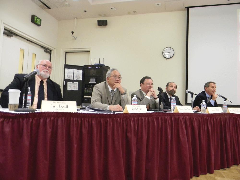 ASSEMBLE - (from left) Jim Baell, Paul Fong, Richard Gordon, Jerry Hill and Bob Wieckowski participate in a panel, engaging students, faculty, and staffers alike to discuss the future of education in the coming years. 