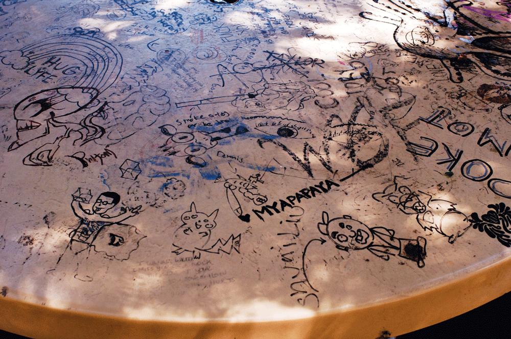 SMOKER’S TABLE  - Graffiti completely covers the table at the north end of the L-Quad besides the parking lot, presenting an array of art and personal expression.