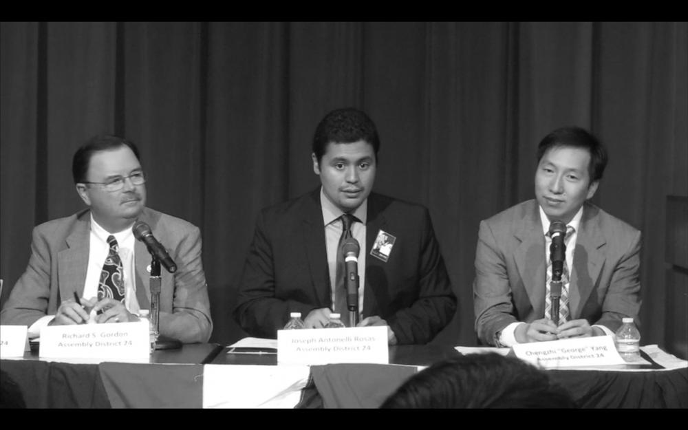 Panel Talks - State Assembly candidates for District 24 Richard Gordon (left), Joseph Antonelli Rosas, and Chengzhi “George” Yang share their thoughts on the education crisis in California.