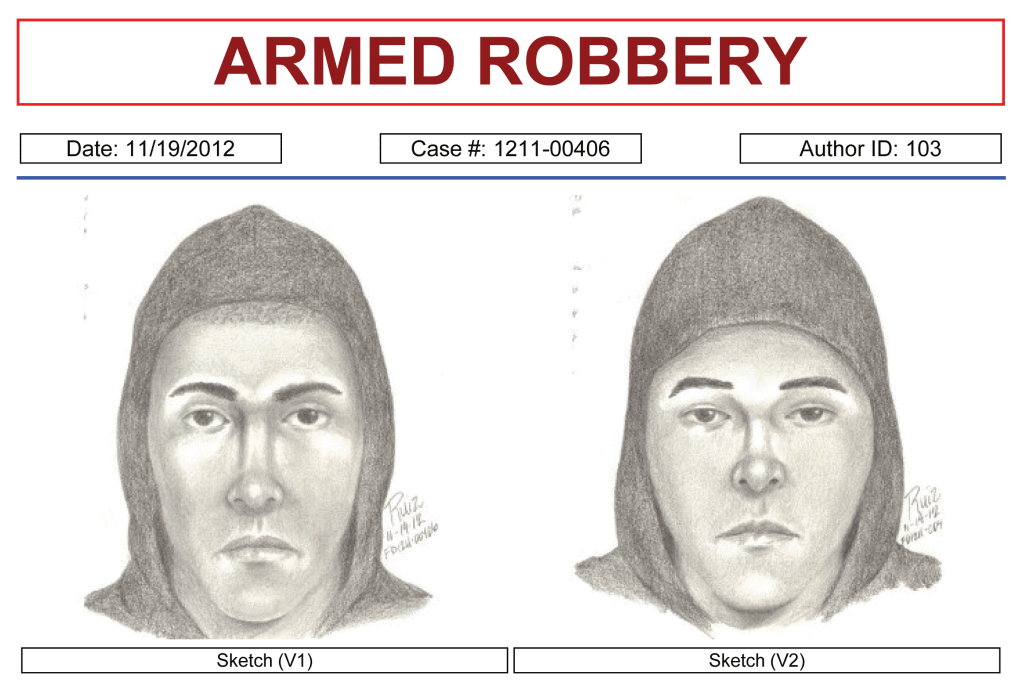 HAVE YOU SEEN HIM? - An artist rendering of two alternate descriptions of the armed robber.