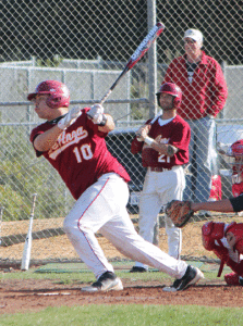 Rajvir Kaur 
BATTER UP - De Anza College frehsman Christian Perez (10) swings at CCSF’s John Dunne’s pitch on Tuesday, March 5 in a 3-1 loss for De Anza.