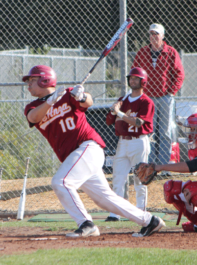 Rajvir Kaur 
BATTER UP - De Anza College frehsman Christian Perez (10) swings at CCSF’s John Dunne’s pitch on Tuesday, March 5 in a 3-1 loss for De Anza.