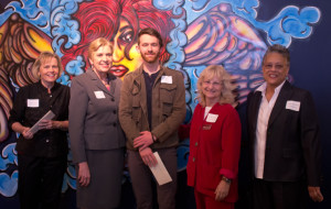 Art Celebration
(From Left) Foothill-De Anza trustee Joan Barram, Chancellor Linda Thor, De Anza art student Steven Sobzek, Dean of Creative Arts Nancy Canter and Vice President of finance and educational resources Letha Jeannepierre line up at the De Anza student art show ceremony, Wednesday May 22.