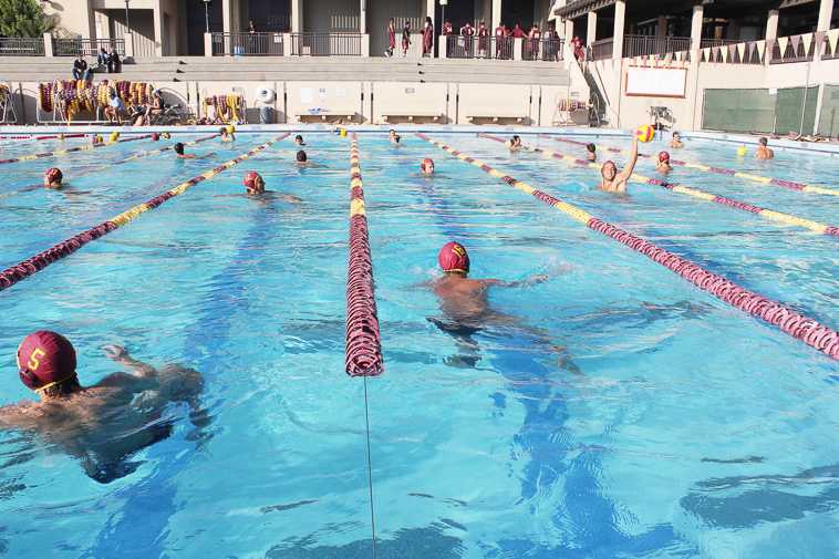 The De Anza men’s water polo team warms up before the match against Cabrillo College Wednesday, Oct. 23.