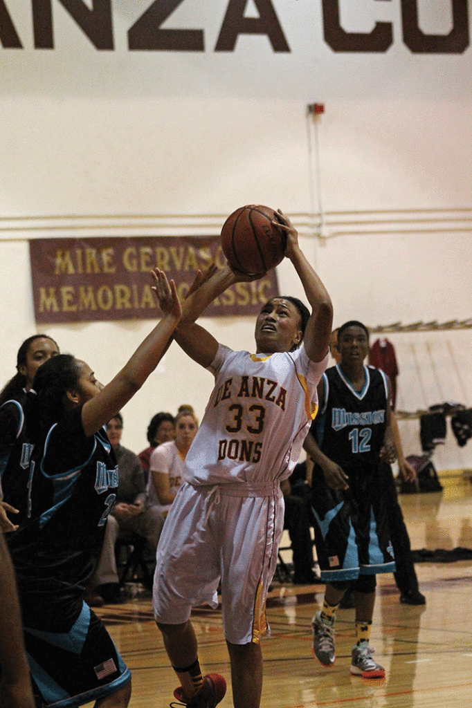 Sophomore point guard Shayla McPhearson (33) steps back and goes for a 2-point shot. 
