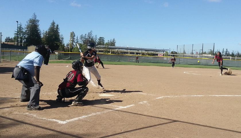 De Anza pitcher Jade Teruya (8) delivers a pitch to freshman catcher Arianna Eugene (10) to the plate against Mission College. The Dons finished 11-19 overall for the 2014 season. 