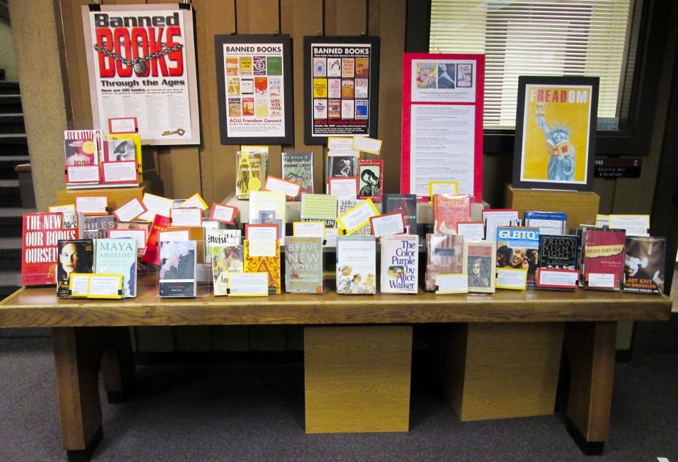 Banned books are displayed on April 16 in the library during the Banned Books event, which is up until May 15.