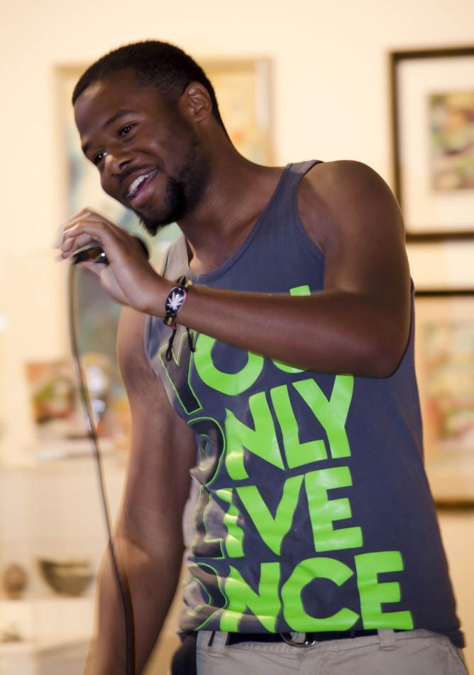 Jarvis Lewis, 19, second year at De Anza, having fun rapping at the open mic. 