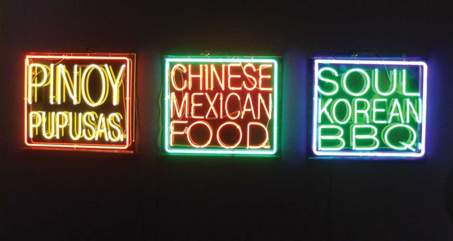 Neon signs made by Patrick Martinez for the “Mooncakes, Churros, and Cherry Pie” exhibit which opened at the Euphrat Museum of Art on Feb. 2 and runs through March 19.