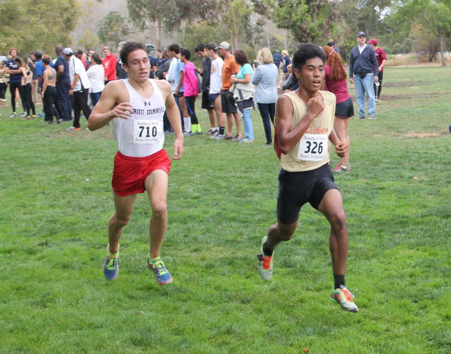 Freshman Ralph Balaoing runs the last stretch of the open 8,000-meter race, finishing in 98th place at the Bronco Invitational.