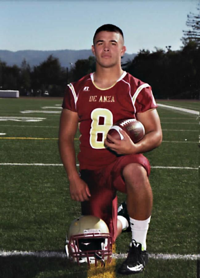 De Anza football running back and captain Nick Bernardo suffered a season-ending  injury this year. He remains a presence on the team as a vocal leader and running back instructor. He plans to return for the Dons 2016 season.