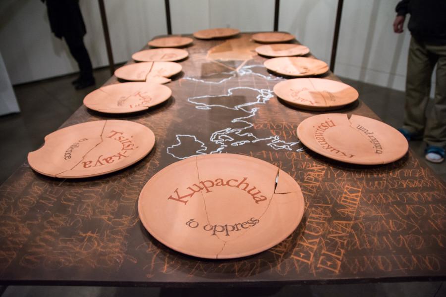 Broken plates with words written in native language are included in the installation “Nahua-Pipil, the Forbidden Language of El Salvador,” made by Tessie Barrera Scharaga