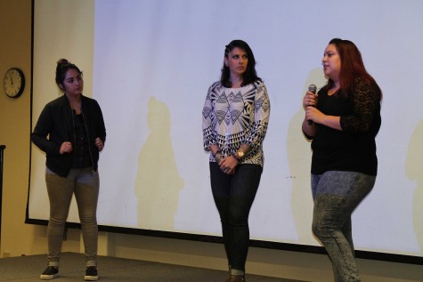 Talia Alvarez, 23, journalism and political science major, presents about Dale De Anza alongside Leila McCabe, De Anza alumna and Karla Magaña-Ocón, 21, communications major. Dale De Anza helps eligible undocumented immigrants and their families apply for legal and employment security.