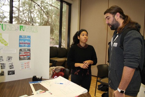 Jennifer Melgarejo, 21, sociology major, discusses the campaign to extend Proposition 30 with Shane Avila, 21, economics major. Proposition 30, passed in 2012, increased taxes to prevent education budget cuts.