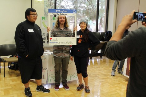Philip Huynh, 21, computer engineering major, Bun Wregin, 24, psychology major, and Kaede Hamilton, 23, sociology major, pose for the Proposition 30 "Extend Our Future" campaign.