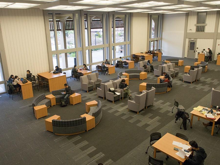 Students at De Anza College study with ample natural light that is filtered through new energy efficient windows and LED lighting system. The new widows also insulate the study area from outside noise.