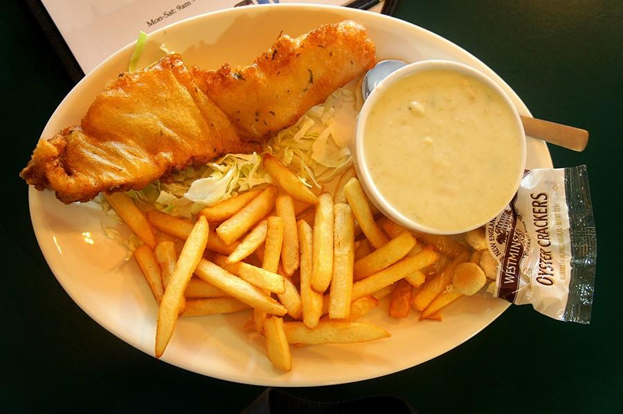 Golden Brown signature fish and chip, with fries and clam chowder for just $8.99