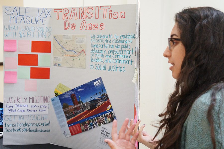 Suleima Ochoa, 20, political science, talks to students about a plan to improve transportation at De Anza College and throughout the Silicon Valley.
