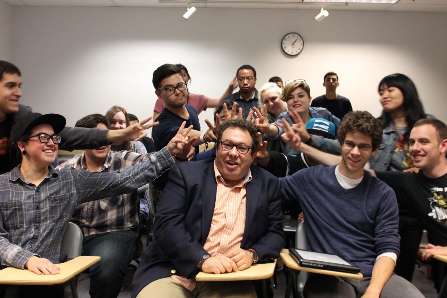 Barak Goldman poses with his students from advanced screenwriting workshop class.