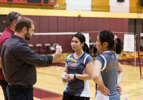 Assistant coach Radu Milevschi coaches Tiffany Liao (left) and Yu Hsuan (right) giving them final advice on their match against Mission College Thursday, April 28. 