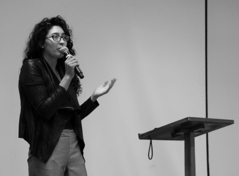 Alexa Navarro, 25, paralegal studies, performs stand up comedy to spread awareness of
physical, gender, and sexual violence as part of Take Back The Night on April 20.