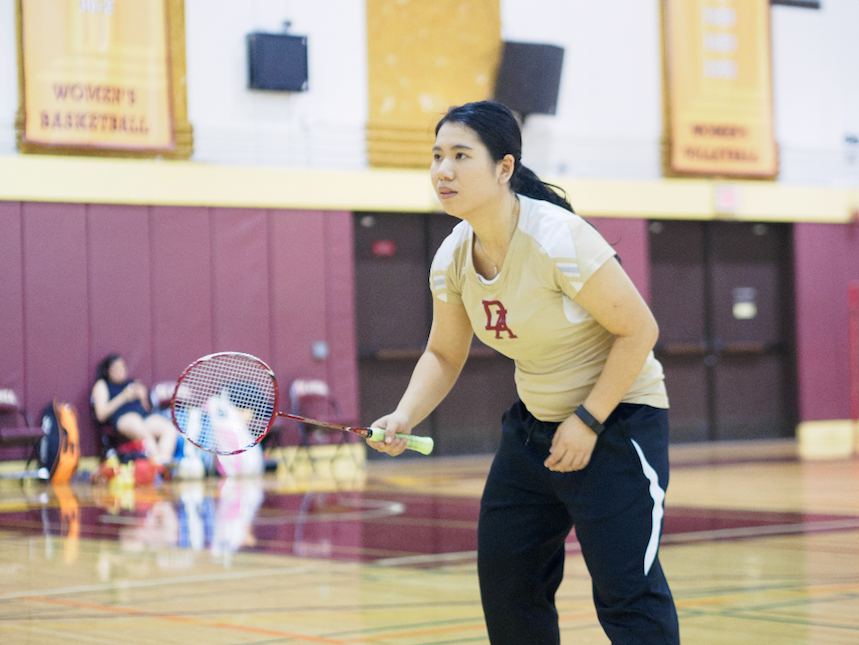 De Anza College freshman Panyue Liao readies herself to receive a serve at the Badminton Coast Conference Finals on May 7.