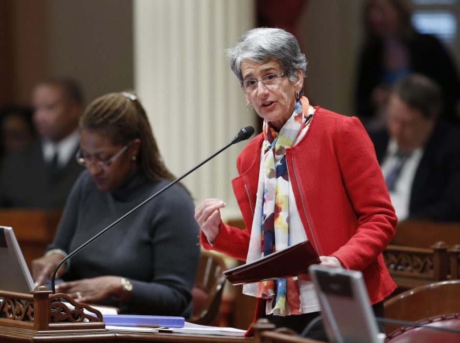 State Sen. Hannah-Beth Jackson, D-Santa Barbara, called on lawmakers to approve her measure that allows 16-year-olds in California to pre-register to vote, during the Senate session at the Capitol in Sacramento, Calif., Tuesday, Jan. 28, 2014.  The Senate approved the bill, SB113, by a 24-8 vote and sent it to the Assembly.(AP Photo/Rich Pedroncelli)