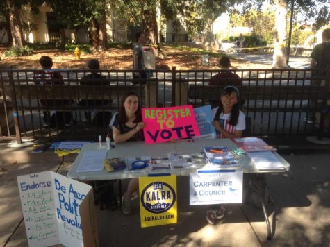 Above: Aleks Niewczas, 21, enviromental toxicology major and Megan Fernandez, 21, history major encourage students to get politically active in the main quad on Thursday, Sept. 29.