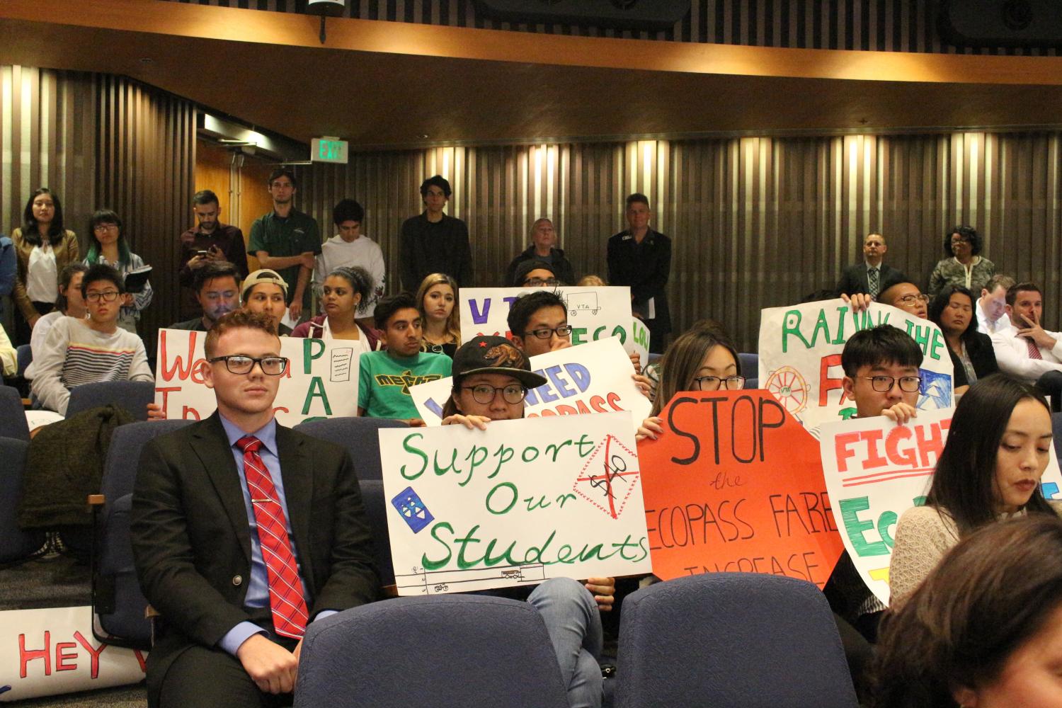 De Anza students fill up the VTA board meeting room with posters and prepared speeches to lobby against raising the Eco-Pass fee to $40.