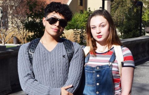  (from left) Erik Rocha, marketing major, wears a trendy gray sweater which makes a great outfit combining with his black jeans and white shoes, giving his look urban vibes.  His friend Jazmyne Burfine, psychology major, pairs blue denim ripped overalls with a red striped shirt. Her final touch for the look is red lipstick, a red scarf belt and black boots that give her look an industrial flair. 