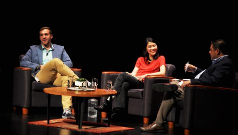 Khong, Lukach, and Pizzaro-  The Silicon Valley Reads selected 2018 authors, Rachel Khong and Mark Lukach, answer audience written questions read by Mercury News columnist Sal Pizzaro during the Feb. 1 Kick-Off event at De Anzas Visual & Performing Arts Center.