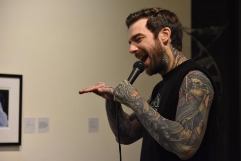 Teddy Hull, a local Bay Area comedian, has audience members in tears with laughter Feb. 7 during First Thursday Open Mic night in the Euphrat Museum.