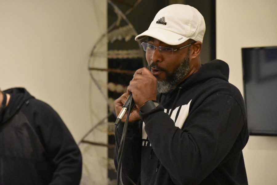 Master of ceremonies and host, McTate Stroman, delivers high energy and off the top freestyles during the Feb. 7 First Thursday Open Mic night in the Euphrat Museum.