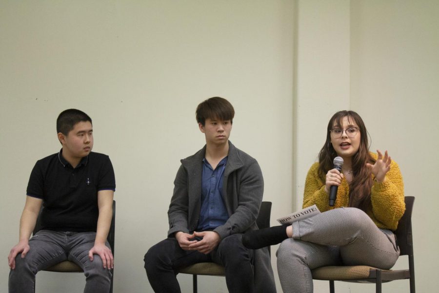 (From left to right) DASB president candidates, Dave Wardojo, Jeffery Chang and Shelly Michael answer questions during the Meet your Candidates Day open forum in Conference Rooms A and B on Feb. 27.