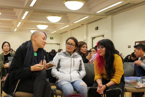 [Left to Right]  Students Gabrielle Paiso, 21, psychology major, Paulina Ochaa, 21,  ethnic studies major and Brenda Carillo, 23, psychology major,  discussing on the film that was screened.