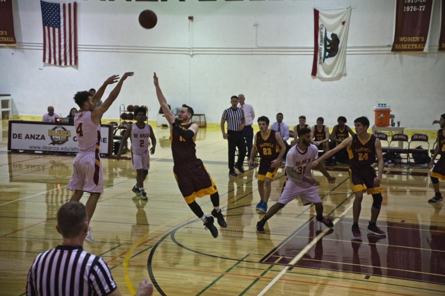 Freshman guard/wing Dominic Simpkins shoots over an opponent during the Feb. 22 game against Hartnell.