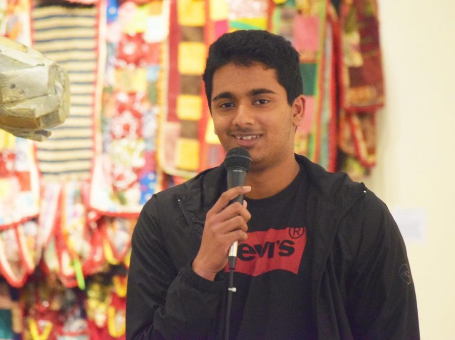 Numaan Shaikh, 18, political science major, performs standup comedy about his life experiences at First Thursdays Open Mic night, Mar. 7 at the Euphrat Museum.