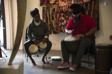 Fountainetta Coleman and Andre Meggerson play the drums at Sounds of Love and Liberation in the Euphrat Museum on Feb. 28.