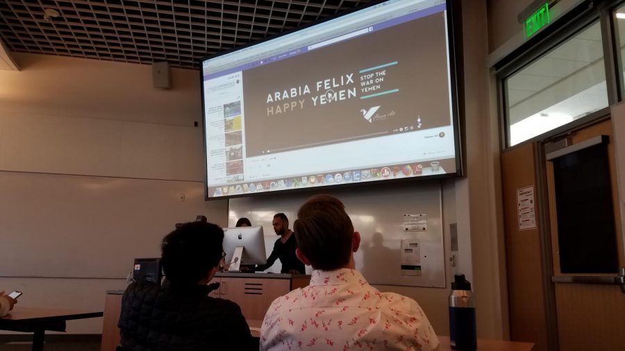 Students watch a presentation on the war in Yemen in MLC 112 on Thursday, March 14.