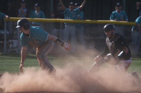 Catcher Scott Fernald watches as a Mission player beats the throw home to score in De Anzas 9-7 loss on April 18.