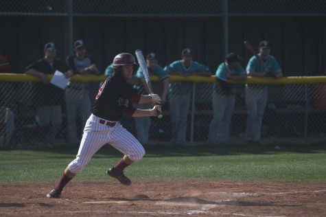 Centerfielder Anthony Sortino leaves the batters box after making contact in De Anzas 9-7 loss on April 18.