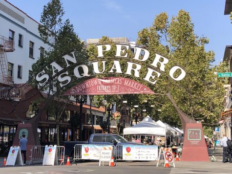 The San Pedro Square sign welcomes would be farmers market patrons to the area.